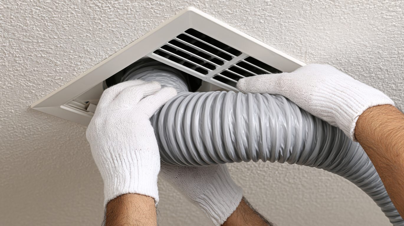 Professional air duct cleaning technician servicing a residential HVAC system in Marin County